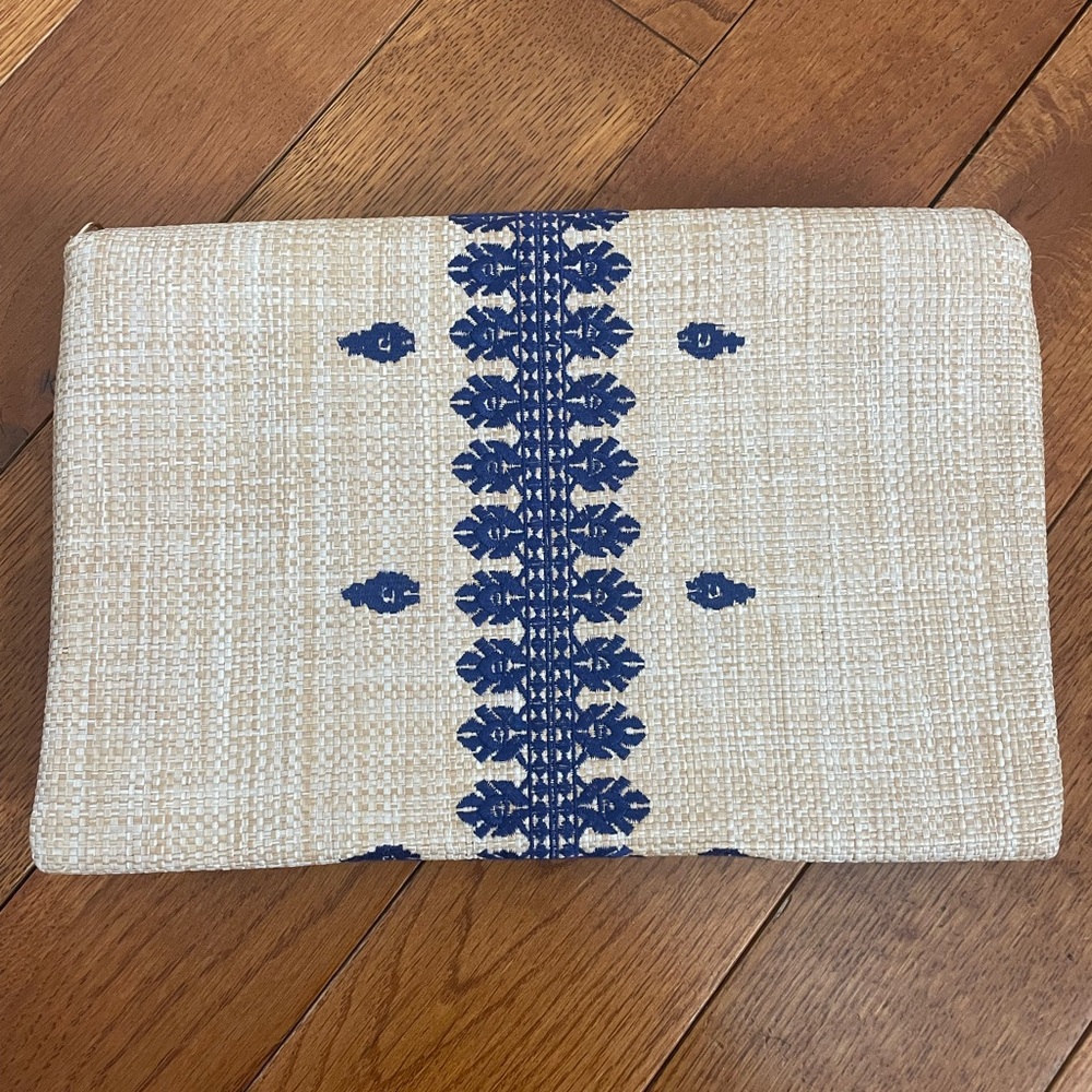 Stella & Dot Natural Straw Clutch with Blue Embroidery - Picture 2 of 3